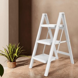 ISOP 3 Step Ladder White | Folding Standing Ladder | Wide Anti-Slip Pedal 500 lbs Sturdy Ladder | Lightweight, Portable, Compact- 3-Step Ladder