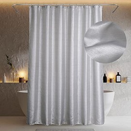 PopKozzi Silver Fabric Shower Curtain for Bathroom - Modern Luxury Waterproof Washable Decorative Bath Curtain - Light Grey Striped Elegant Shimmer Metallic Glitter Glam Sparkle Design, 72x72