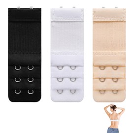 3 Pieces Bra Extenders, 3 Hooks×3 Rows Bra Strap Extension, Comfortable Stretchy Bra Extender Strap for Women, Stainless Steel Hook, 3 Colors (Black, White, Skin)