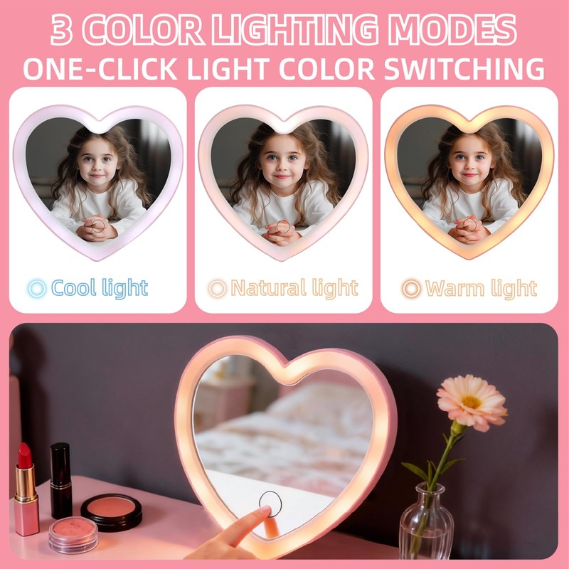 Taolivingmart Pink Heart LED Makeup Mirror Kids USB Foldable Travel