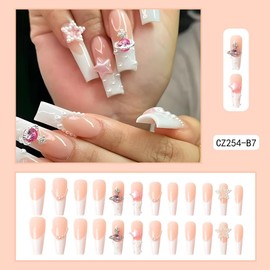 Nude White 3D Rhinestones Fake Nails Press On Nails Long Square Coffin,Glossy with Designs Full Cover Acrylic Glue on Nails False Nails Thick French Tip Stick on Nails for Women 24Pcs CZ254-B7