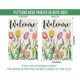 Welcome Tulip Garden Flag Spring Summer Watercolor Butterflies Flowers Small Burlap Yard Seasonal Flags Colorful Floral Holiday Lawn Flags Farmhouse Outdoor Decorative Double Sided 12x18 (Tulip)