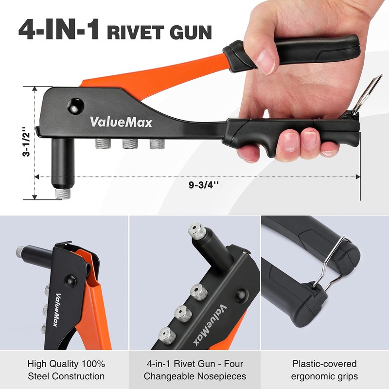 ValueMax 4-in-1 Hand Riveter/Rivet Gun, Pop Rivet Tool Kit with