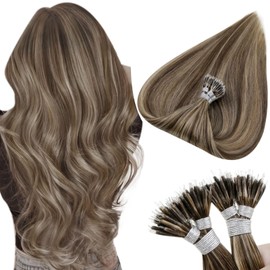 Hetto 20Inch Nano Beads Hair Extensions Real Human Hair Nano Tips Hair Extensions Highlight Brown Nano Hair Extensions Human Hair #4 Dark Brown Highlighted #27 Blonde Straight 50g