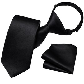 Barry.Wang Boys Tie Pre-Tied Satin Solid Color Kids Tie Pocket Square Set Adjustable Formal Black Necktie School Gift
