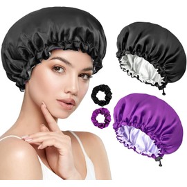 2 PCS Gorros Rizadores de Raso,Viene con 2 PCS Diademas de Satén,Hebillas de Ajuste Elásticas,Gorro de Dormir Cómodo y Reutilizable,Adecuado para Cabello Rizado y Largo,Negro y Morado