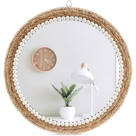 AoduCamy 18 Inch Boho Wall Mounted Mirror,Decorative Round Rattan Hanging Wall Mirror，Suitable for Farmhouse, Living Room, Bedroom and Bathroom