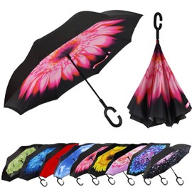 MRTLLOA 40/49/56 Inch Oversize Windproof Inverted Reverse Upside Down Umbrella, Golf Size Rain Umbrella, Double Layer, C-Shaped Handle for Men, Women and Kids(Pink Daisy, 49 Inch)