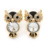 Crystal, Black Enamel Owl Stud Earrings In Gold Plating -