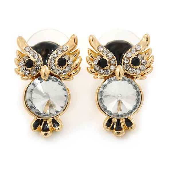 Crystal, Black Enamel Owl Stud Earrings In Gold Plating -