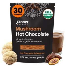 Inner Elevate Mushroom Hot Chocolate Superfood - Ceremonial Cacao with 5 Mushrooms (Lion's Mane, Cordyceps, Chaga, Reishi, Turkey Tail) - Great as a Coffee Alternative, Hot Chocolate, or Smoothie (30 Servings)