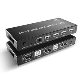 Cateck DP Displayport KVM Switch USB 2 Port 4K, USB 2.0, 4K@60Hz,2 PC Share 1 Monitor,with 2 USB and 1 Switch Cables, Support Wireless Keyboard and Mouse