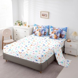 Feelyou Floral Cat 7 Piece Bedding Set with Sheets Twin Size Blue Cat Comforter Set with Sheets for Kids Teens Girls Bed Set Kawaii Animals Cute Decor Bedroom Soft and Lightweight(Reversible Stars)