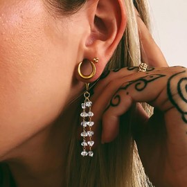 BOKABOO 2Pcs Gold Saddle Plugs with Teardrop Crystals Dangle Gauges for Wedding, Surgical Steel 00 Gauges for Women Stretching Expander Body Jewelry