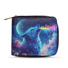 Dngkaoje Animals Wolf Print Small Leather Wallets for Men with Zipper,Blue Wolf Print Credit Card Wallet for Mens PU Leather Clutch Zipper Purse Organizer Mini Purse Bag with Multiple Card Slots