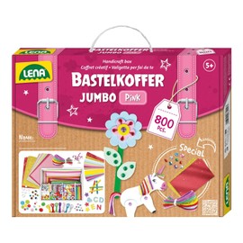 Lena 42664 Jumbo Craft Box with 800 Pieces in Pastel Colours, Material for Crafts, Foam Rubber, Coloured Paper, Rhinestones, Pompom, Ribbons, Buttons, Googly Eyes and Much More, from 5 Years