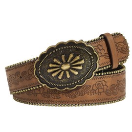 Choleeki Western Cowgirls Belt for Women Brown Leather Belts for Jeans Pants Dresses Men Country Belt with Vintage Buckle (Flower, L:31''-41'')