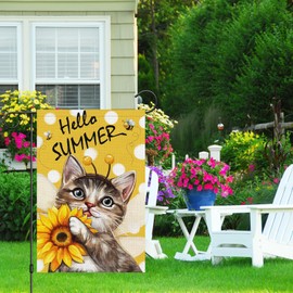 Heyfibro Hello Summer Cat Garden Flag 12x18 Double Sided Burlap Spring Sunflower Bee Small Yard Banner for Rustic Seasonal Outside Outdoor House Decoration (ONLY FLAG)