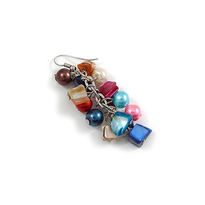 Multicoloured Glass Bead, Shell Nugget Cluster Dangle Earrings/Silver Tone/ 60mm