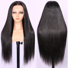 Pizazz 13x6 Straight Lace Front Wigs Human Hair Pre Plucked Pre bleached 180 Density Straight HD Frontal Wigs Human Hair (180 Density Natural Black, 24 Inch)