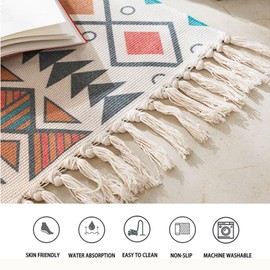 The Seeker Washable Bedroom Rug, Small Area Rug for Living Room, Boho Short Pile Hand Woven Cotton Rug with Tassels for Bedroom Kitchen Hallway Bathroom Laundry Room 60x90cm