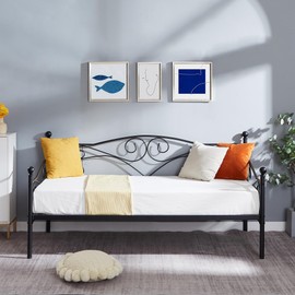 VECELO Twin Size Daybed Frame Metal Steel Slat Support with Headboard Sofa Bed Platform for Living Room, Guest Room, Easy Assembly, Black