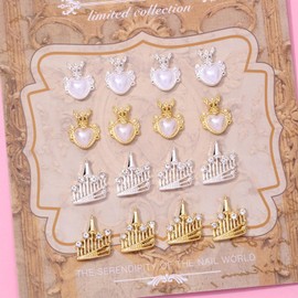 20 Pcs Heart Pearl Nail Charms for Nails Art 3D Gold Silver Castle Nail Charms Mixed Design Nail Decorations Shiny Nail Art Charms Nail Supplies for Women Acrylic Nails