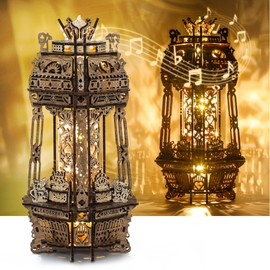 FUNPOLA LED 3D Wood Puzzle Poker World Projector Lamp – DIY Craft Kit with LED Lights and Music Box – Creative Poker-Themed Lamp, Nightlight Gift for Home Décor (White Maple)