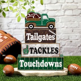 Briwooody 4 Pcs Football Decorations 2025 Rustic Wooden Signs Blocks Football Room Decor Farmhouse Tabletop Centerpieces for Home Bedroom Shelf Locker Room Senior Night Coach Gifts Party Decor