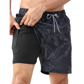 APTRO Mens Swim Trunks with Compression Liner 2 in 1 Swim Shorts 5 inch Inseam Quick Dry Bathing Suit Men with Zipper Pockets MP385 M