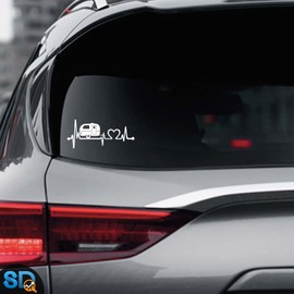 Smart Camper Travel Trailer Heartbeat Lifeline Vinyl Decal Sticker for Car, Truck Window, Laptop, Size 8 Inch (White)