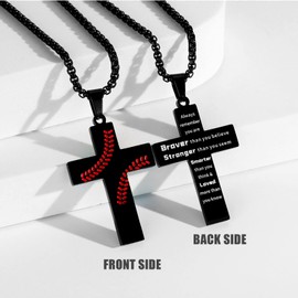 Baseball Cross Necklace for Men Inspirational Bible Verse Cross Pendant Stainless Steel Chain 22+2 inch Baseball Sports Jewelry Baseball Gift for Men(Black-ALWAYS REMEMBER）