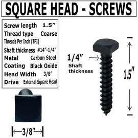 BRAUNY BOY HARDWARE - ¼” x 1.5” - Rustic Square Head Lag Wood Screws – Decorative Antique Black Square Drive Lag Bolts – Black Oxide Coating - ¼ in x 1 ½ in - for Hinges, Cabinets & Doors (25, Screws)