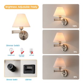 Swing Arm Wall Sconces, Plug-in Wall lamp,Bedroom Wall lamp ， White Fabric Shade，，with dimmable Switch and USB Charging Port, Suitable for Bedside, Living Room, Reading