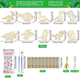 Meanju Dinosaurier Holz Bastelset 10 Stück, Windspiel Bastelset Kinder, Windspiel Basteln Kinder mit Pinsel/Edelsteinaufkleber, Windspiel aus Holz Basteln, DIY Kinder Malen Handwerk
