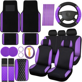 BBTO 43 Pcs Bling Car Accessories Set for Women Front Seats and Rear Bench Polyester Car Seat Protectors Wheel Cover Seat Car Floor Mats Full Crystal Automotive Interior Decor(Purple and Black)