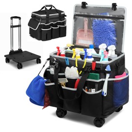Large Rolling Cleaning Caddy Bag with Detachable Trolley, Full Support Plates for Professional Cleaning Supplies Bag, Organizer Bag with 4 Universal Wheels for Housekeepers, Car Wash, Office, Picnic