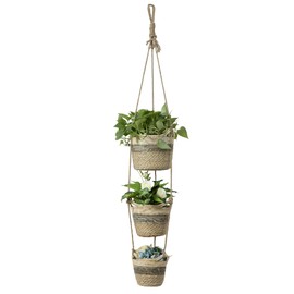 Navaris Seagrass Hanging Plant Pot Set - Decorative Indoor House Plant & Flower Pots with Jute Rope - Woven Basket Design for Home Storage - Small, Medium and Large Planters