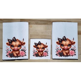 Liberty Flags & Gifts 3 Piece Set - 2 Waffle Weave Towels 1 Washcloth  Highland Girl Calf DZ003-bk3pcT