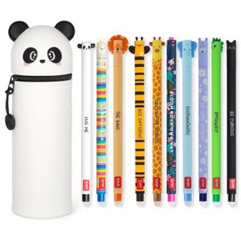 LEGAMI Set of 10 Erasable Gel Pens + Panda 2 in 1 Pencil Case - With Thermo-Sensitive Erasing Ink, Variety of Ink Colours and Barrel Designs, 0.7mm Tip