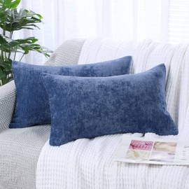 PiccoCasa Set of 2 Chenille Throw Pillow Covers, Soft Decorative Cushion Covers Water Repellent Couch Pillowcase Home Cute Pillowcases for Sofa Car, 12x20 Inch Navy Blue