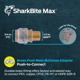 SharkBite Max 3/4 Inch x 1/2 Inch MNPT Bullnose Adapter, Push to Connect Brass Plumbing Fitting, PEX Pipe, Copper, CPVC, PE-RT, HDPE, UR138A