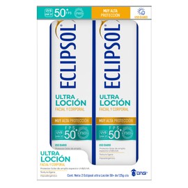 Dúo de Eclipsol Ultra Loción FPS 50+ Protector Solar Facial y Corporal - Uso Diario, Protección UVB/UVA, Fórmula Hipoalergénica, Textura Ultra Ligera, Pack de 2 (125 g cada uno)