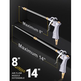 JASTIND Industrial Air Blow Gun with Brass Adjustable Air Nozzle, 8-14 Inch Extension with 2 Steel Air Flow Nozzle, High Volume Air Tool Dust Blower Gun for Air Compressor Attachments