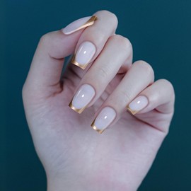 Frinail Press-On Fake Nails, Medium Gold Tip Glue on Nail Square, 24PCS Gel Manicure Stick-Ons for Small/Big/Long/Short/Flat/Wide Nail Beds