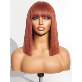 LUVME HAIR 12 Inch Reddish Brown Light Yaki Straight Human Hair Bob Wig With Bangs