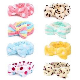 8 Pcs Spa Headband Soft Bow Hair Band Skincare Headbands, Bow Hair Band Women Facial Makeup Head Band Soft Coral Fleece Head Wraps for Spa Shower Makeup Whasing Face