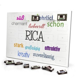 printplanet - Adventskalender mit Namen Rica - gefüllt mit Schokoladen-Füllung - personalisiert mit Namens-Motiv Positive Eigenschaften - Schoko-Kalender, Weihnachtskalender, Namenskalender