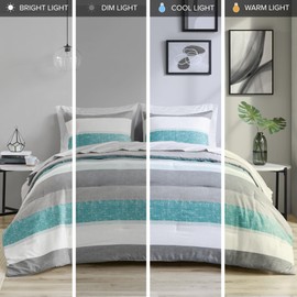 Madison Park Essentials King Comforter Set, Bed in A Bag Comforter & Sheet Set, Modern Casual Stripes Print, All Seasons, Soft Microfiber Bedding Makeover, Matching Shams, King Aqua/Grey 7 Piece