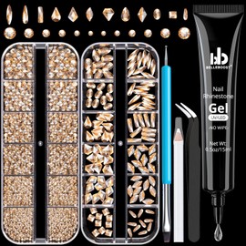 Rhinestones for Nails, Manicure Kit with Nail Rhinestone Glue Gel, Multi Shapes Champagne Glass 3D Nail Charms + Flatback 2-5mm Round Beads & Gem Glue for Nails (UV/LED Needed) with Dotting Tools
